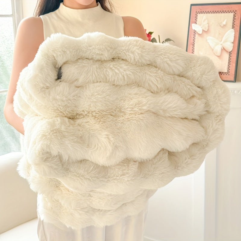 Super-Plush Faux Rabbit Fur Throw Blanket - Snuggly, Inviting, and Opulent for Sofa, Bed, Workspace, and Journeys - Chic Geometric Design in White, Adorable Blanket