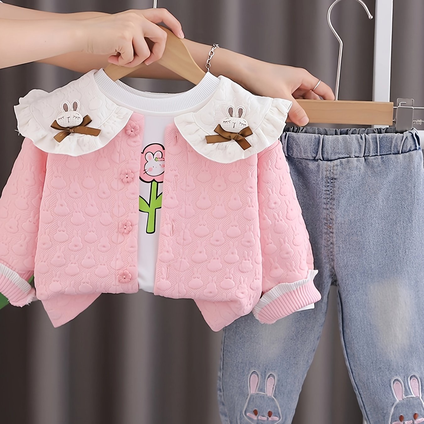 Girls' 3-piece spring/autumn fashion set featuring a cute ruffle collar, floral print long-sleeve t-shirt, denim rabbit pants, and regular fit polyester blend outerwear. Suitable for