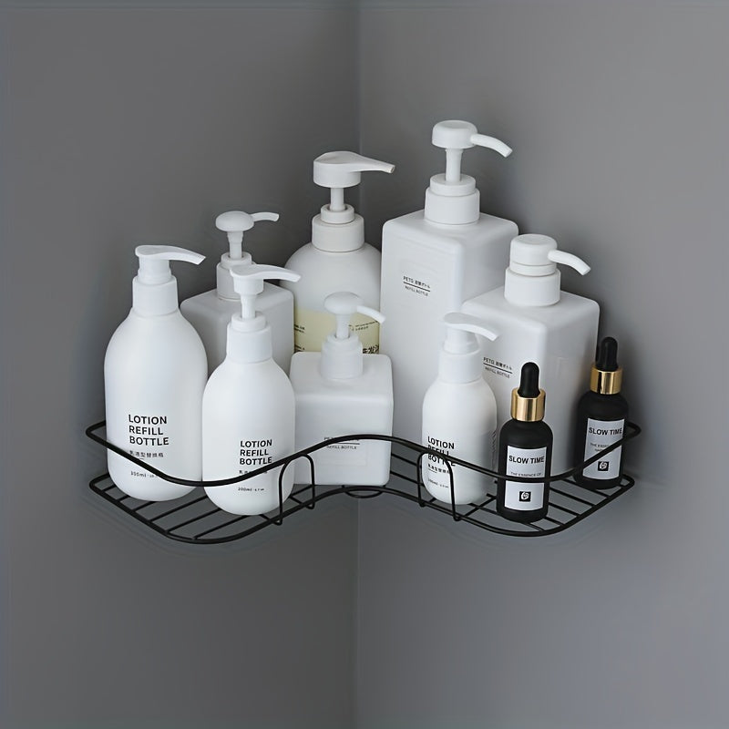 Rust-proof wrought iron wall-mounted triangular shower caddy with 2 shelves for bathroom storage.