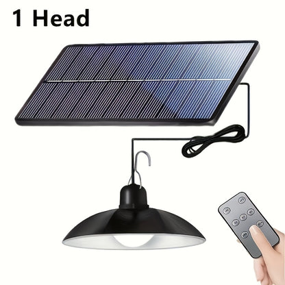 Solar LED pendant light with remote control, double head outdoor hanging lamp for RV camping and garden decoration. Suitable for square, shed house, and porch.