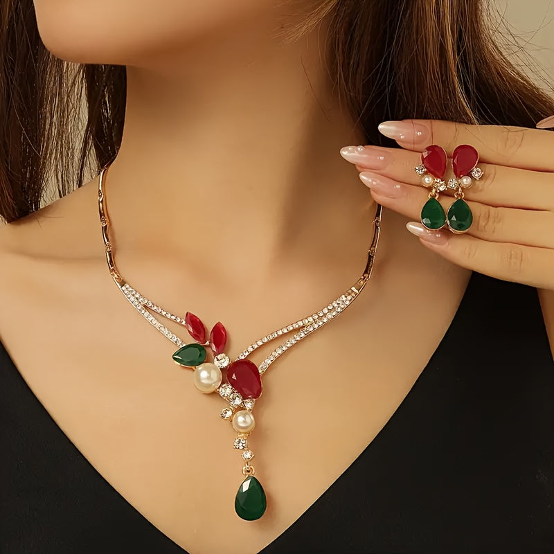 Elegant Vintage Jewelry Set with Geometric Red and Green Pendant, Perfect for Weddings and Special Events - Includes Zinc Alloy Necklace and Stainless Steel Ear Needles adorned with Rhinestone Accents