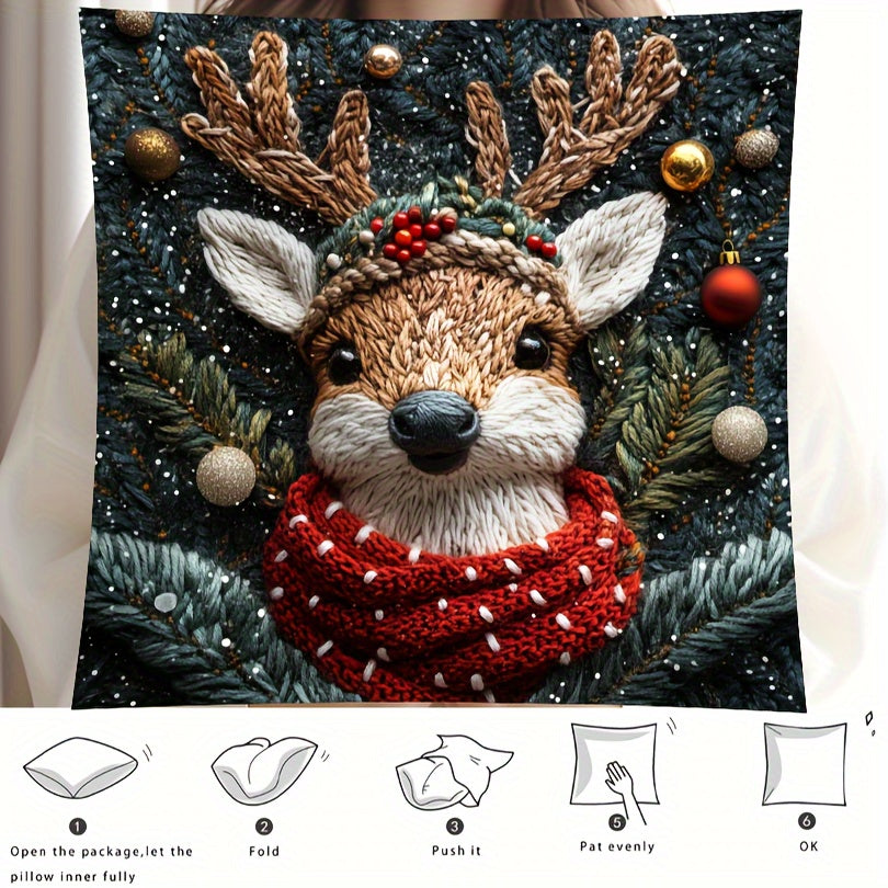 Contemporary style reindeer Christmas hat pillowcase, measures 44.96x44.96 cm. Made of woven polyester with hidden zipper. Machine washable, allergy-free. Suitable for living room sofa and bedroom decor.