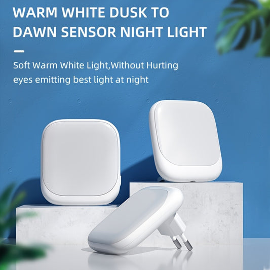 Energy-efficient LED night light with smart sensing, light sensor, and wall mount for various rooms.