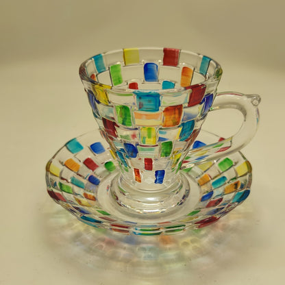 Hand-painted color grid coffee cup and saucer set with European style, perfect for home use.