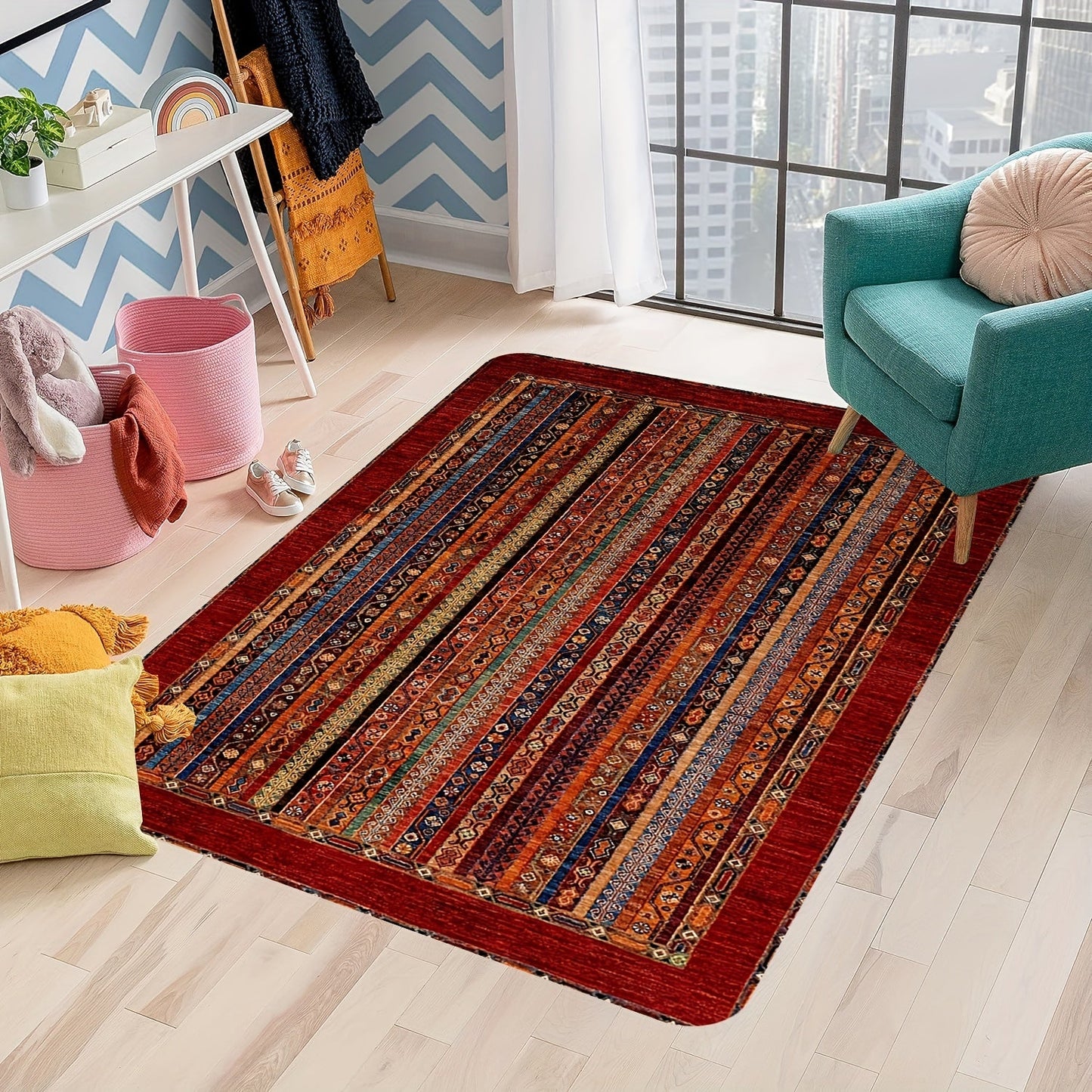 Red Turkey Style Area Carpet - 1pc Striped Abstract Rug, Made of 100% Polyester, Features Non-Slip PVC Backing, Machine-Made and Hand Washable, 1cm Thick, Ideal for Bedroom, Living Room, and Indoor Decor