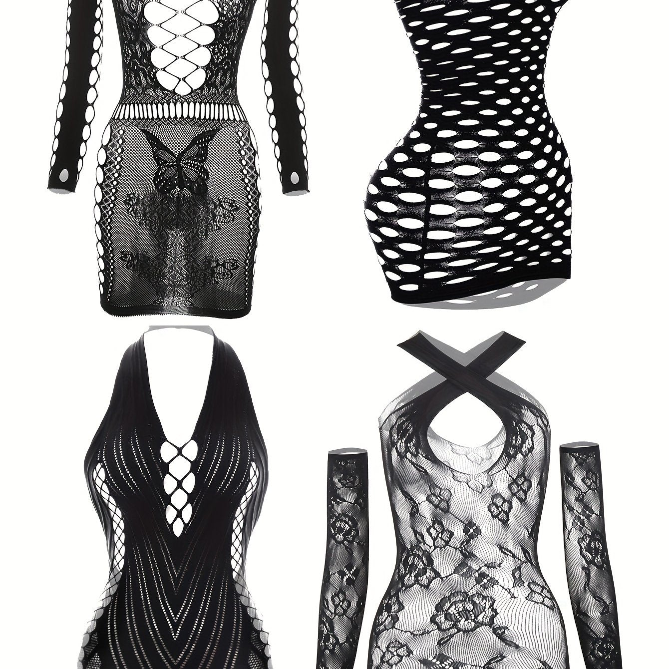 Four hot fishnet and bodycon dress pieces for women's sexy lingerie and underwear.