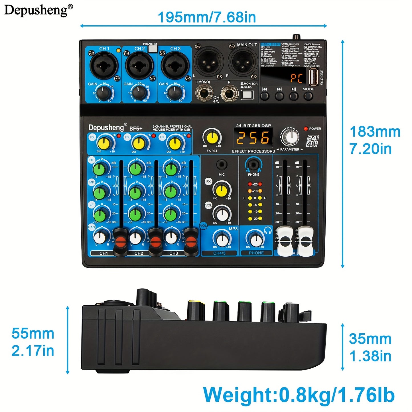 Depusheng Audio Mixer features USB, PC recording input, XLR microphone jack, and 99 DSP effects.