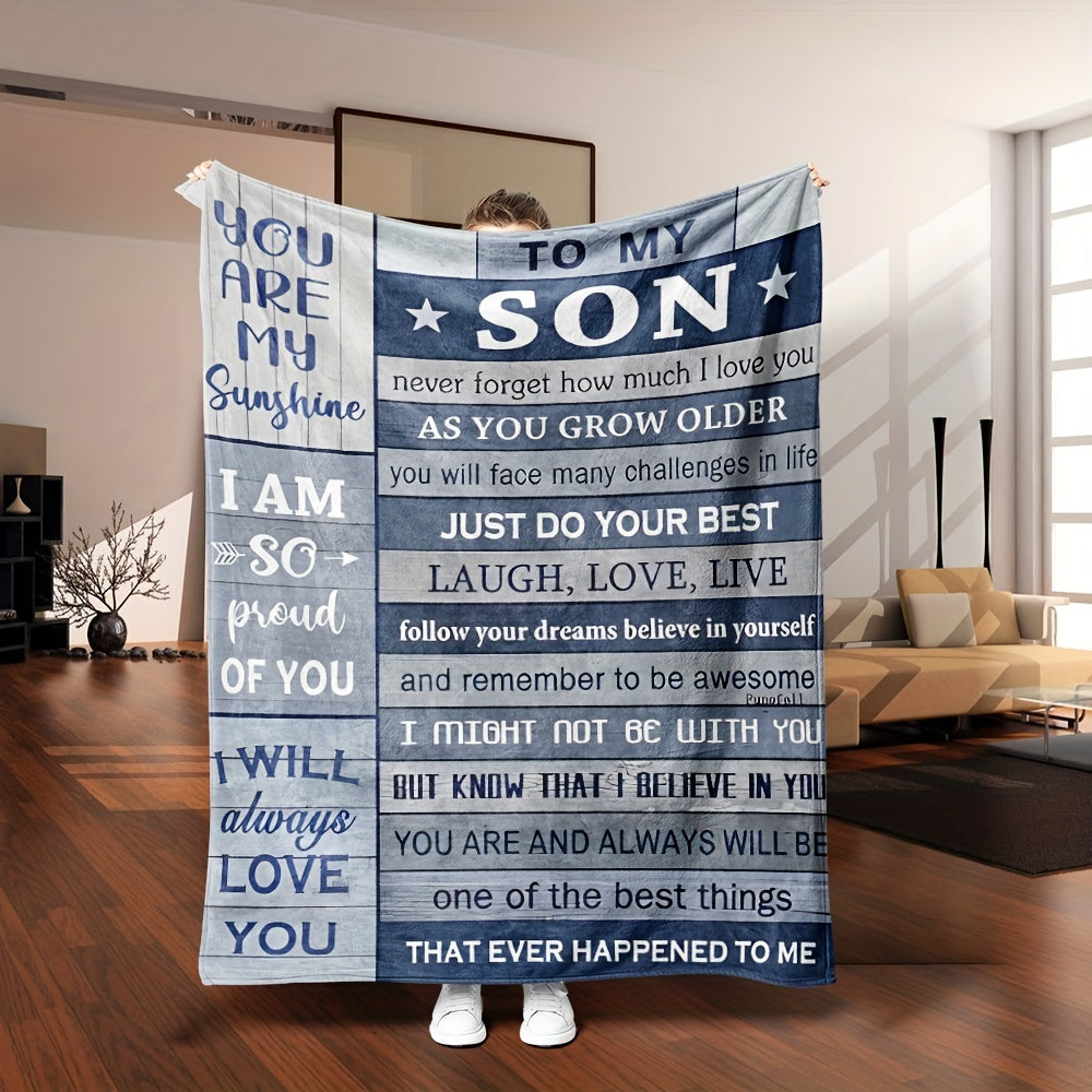 Modern flannel fleece bed blanket with motivational quotes for your son - hypoallergenic, suitable for all seasons, digitally printed, easy to clean in the washing machine, versatile - perfect for queen size beds as a polyester knitted throw, great for