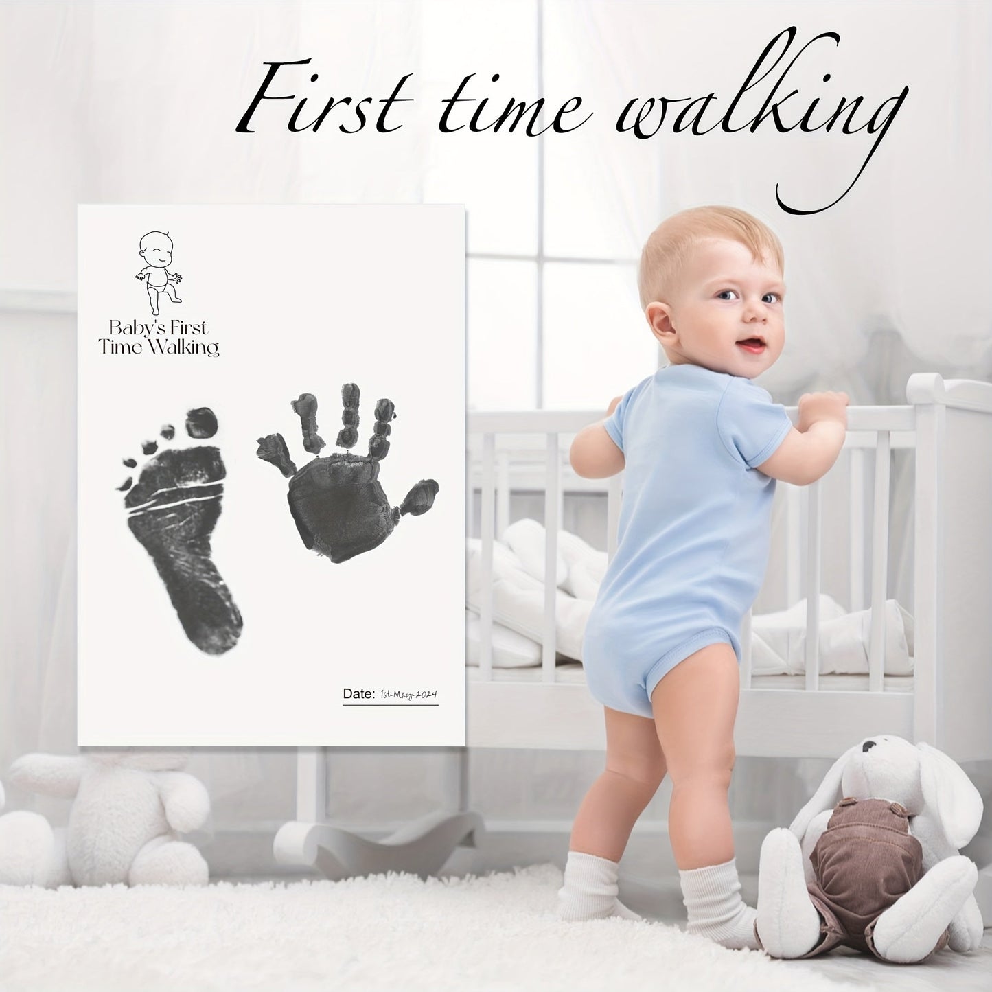 7-piece Ai Bei Parent Co First Milestone Keepsake Kit includes Inkless Hand & Footprint Cards, Clean Touch Memory Casting Paper, and 7 Wipe Bags. Perfect for capturing memories from birth to 3 years old, this kit makes a wonderful family memory gift.