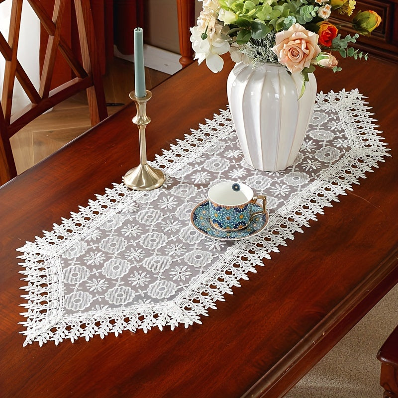 Polyester table runner with white embroidery flowers and lace edge, perfect for room or dining table decor.