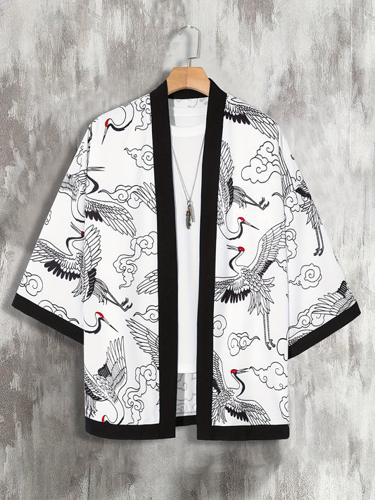 Men's loose-fitting kimono-style shirt with paisley and Japanese letter print, perfect for summer vacation photos at the resort.