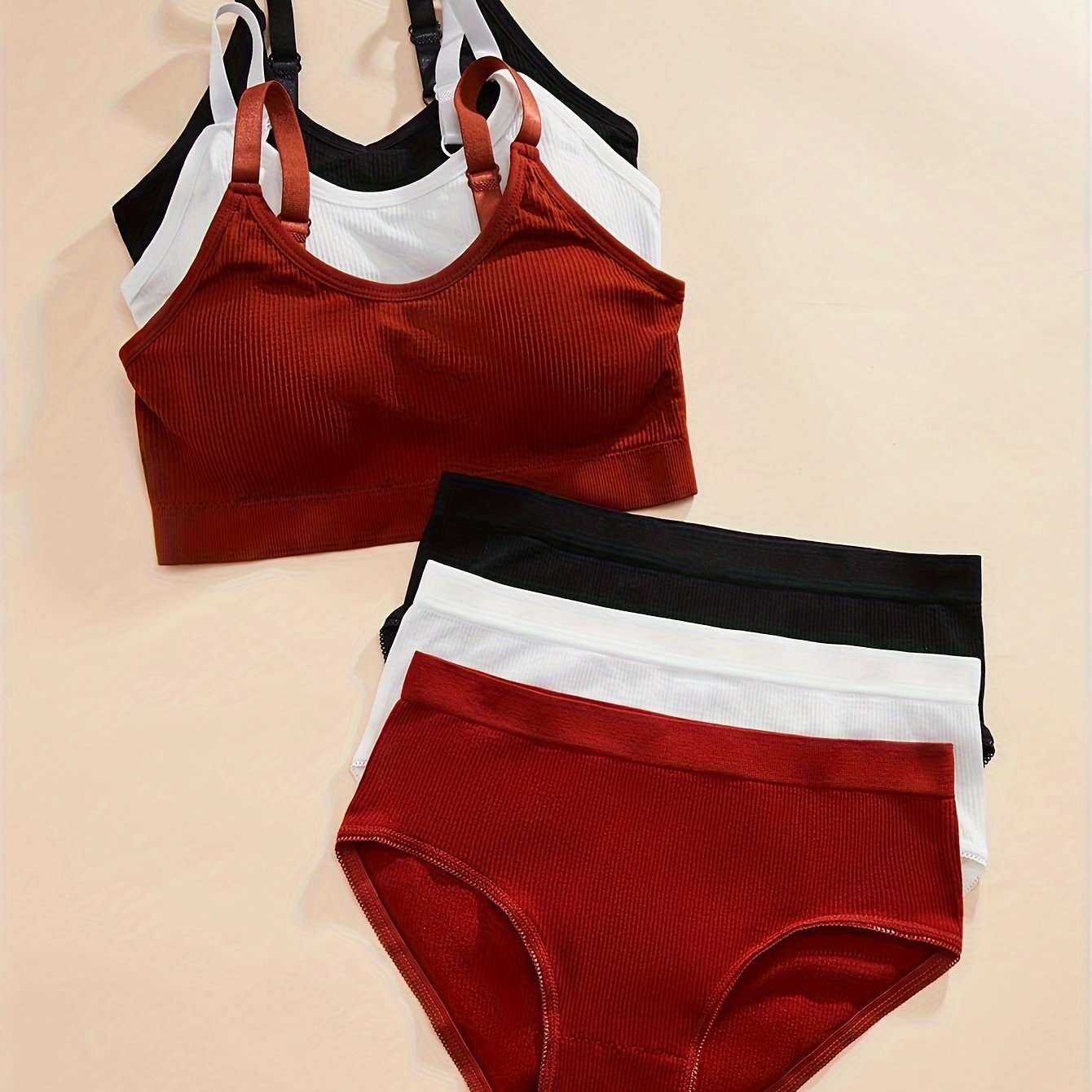 Three sets of solid color ribbed bra and briefs, a comfortable lingerie set for women.