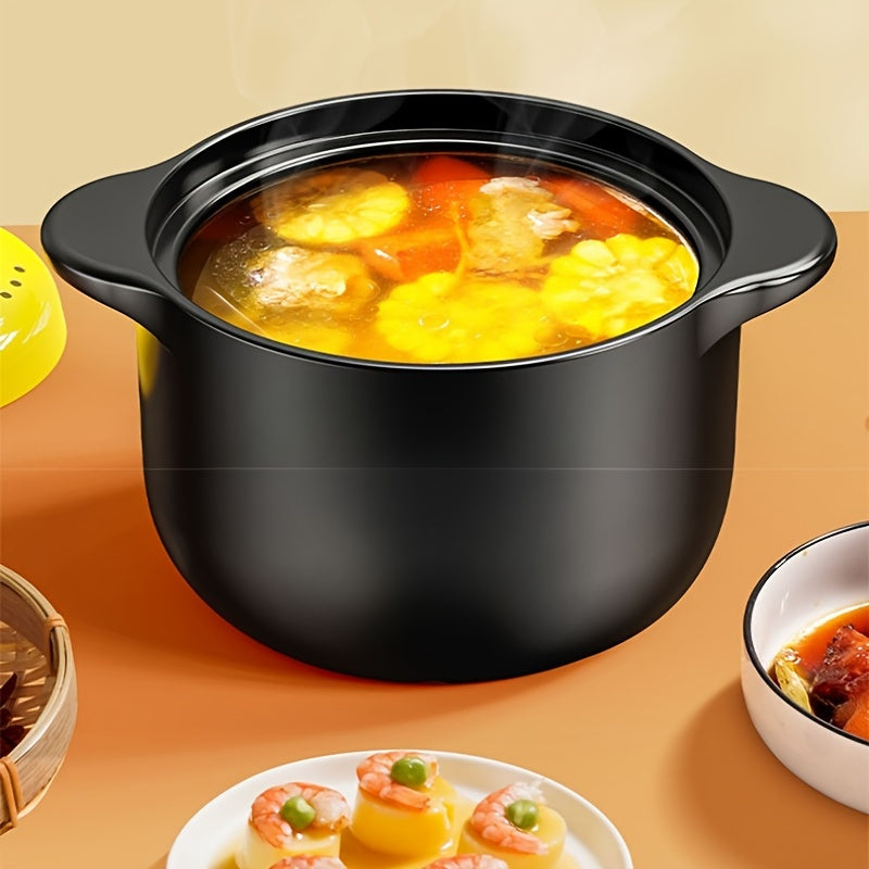 A versatile 5-liter black ceramic stockpot featuring a vibrant yellow lid - perfect for preparing stews, soups, and pot roasts at high temperatures. This multi-functional, heat-resistant, non-stick stockpot is suitable for use on open fires and electric