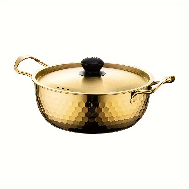 Korean-Style Stainless Steel Hammered Ramen Pot - Ideal for Noodles, Soup, and More - Suitable for Home Kitchens with Lid