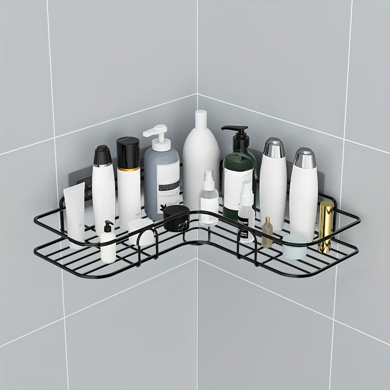 Wall-mounted toilet storage cabinet with no-drill corner rack for bathroom organization. Features shelves for shampoo, toner, cosmetics, and other bathroom accessories.