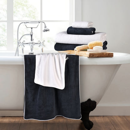 Super soft microfiber bath towel set includes 8 pieces: 2 bath towels (68.58 x 139.7 cm), 2 hand towels (34.8 x 76.2 cm), and 4 square towels (34.8 x 34.8 cm). Quick drying, highly absorbent, and lightweight.