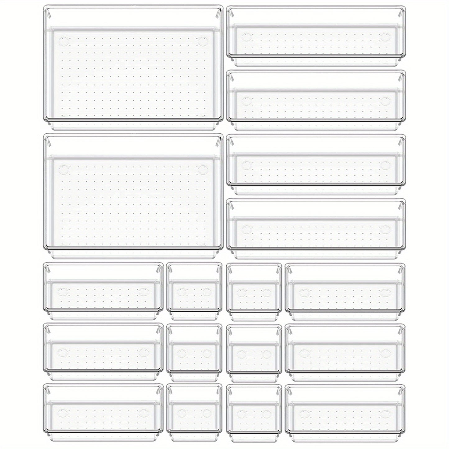 Set of 9/18 versatile clear plastic organizers for vanity and bathroom drawers, in 4 different sizes, for makeup, kitchen, and office.