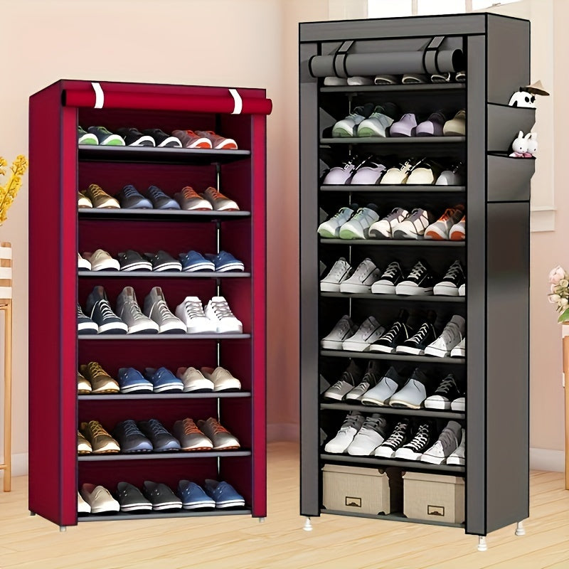 Multi-layer outdoor storage cabinet with zipper, shoe cabinet and rack assembly. This dust-proof, stainless steel shoe cabinet has multiple layers for storage. Simple and efficient shoe storage solution.