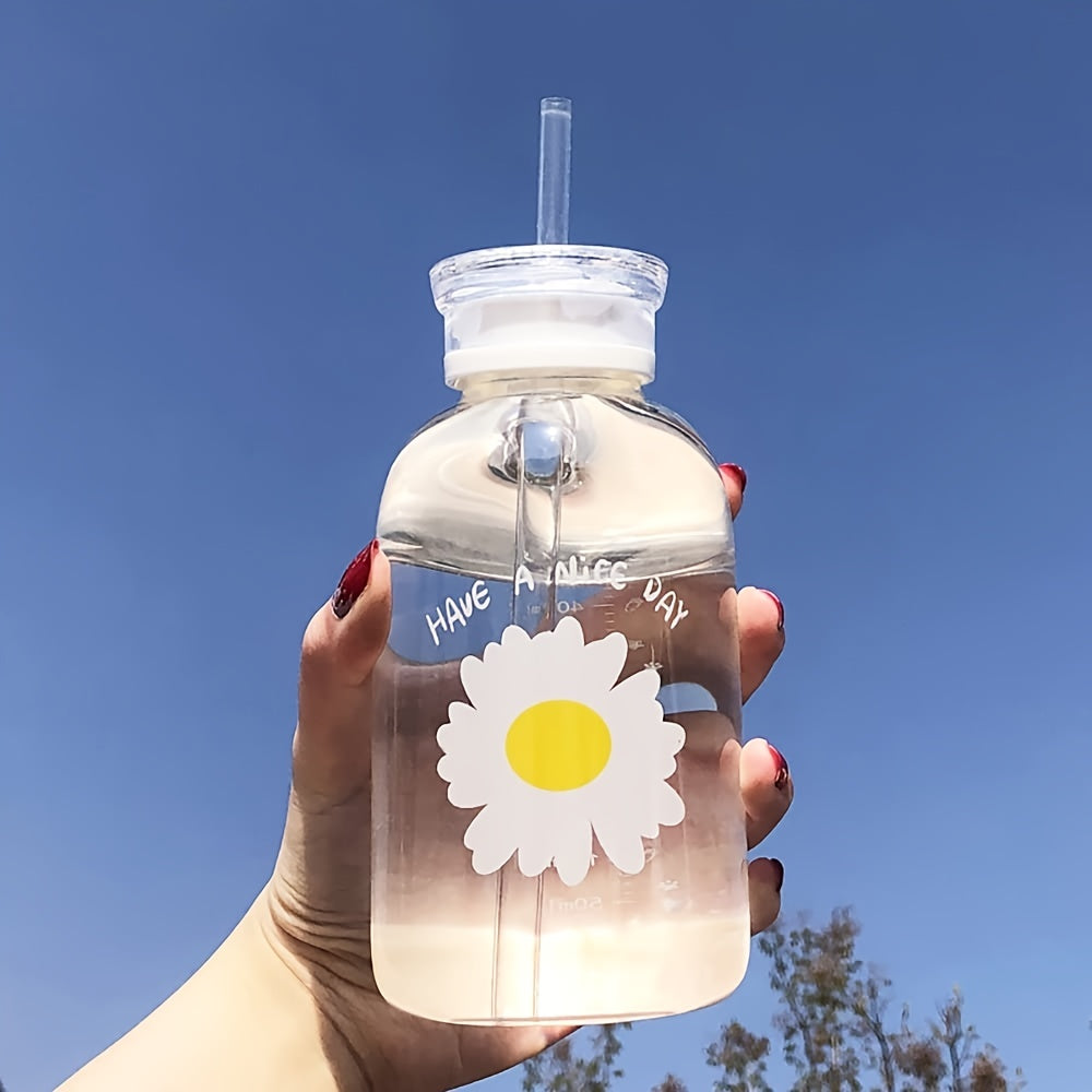 1 Matte glass water bottle with straw and scale, featuring a cute daisy sunflower design. Portable, convenient, perfect for back to school supplies.