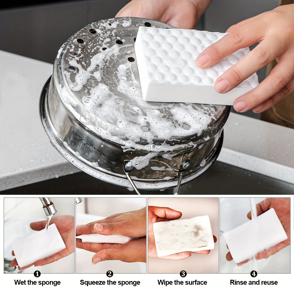 28 pieces of High Density Nano Sponge, this Magic Cleaning Sponge is perfect for all your household cleaning needs. Use it as a Scouring Pad for dishes, a Dishwashing Sponge, or a durable and non-scratch wipe for Shoes, Furniture, and Kitchen surfaces.