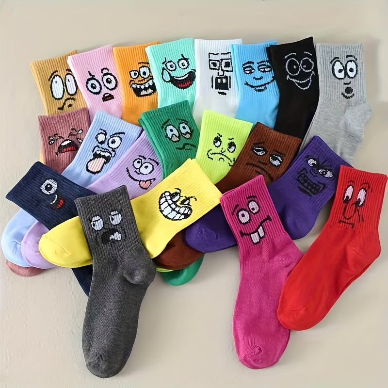 10 pairs of colorful mid-tube socks with cute cartoon expressions, perfect for women's hosiery.