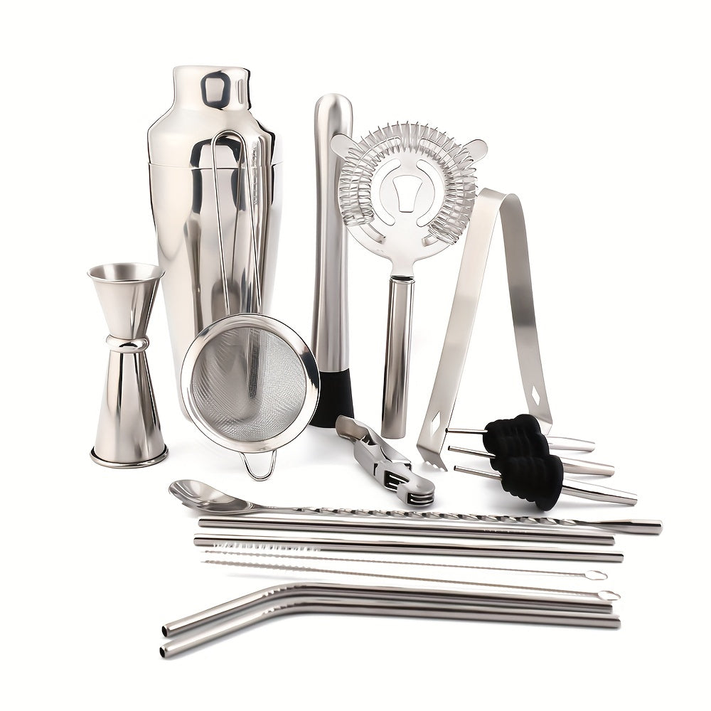 Essential Barware Tools Set - 18-Piece Stainless Steel Cocktail Shaker Set with Jigger, Pourer, Corkscrew, Muddler, Brush, Teardrop Bar Spoon, Garnish Tray, Straws - Complete Bartender Kit for Home, Bar, and Party Drink Mixing