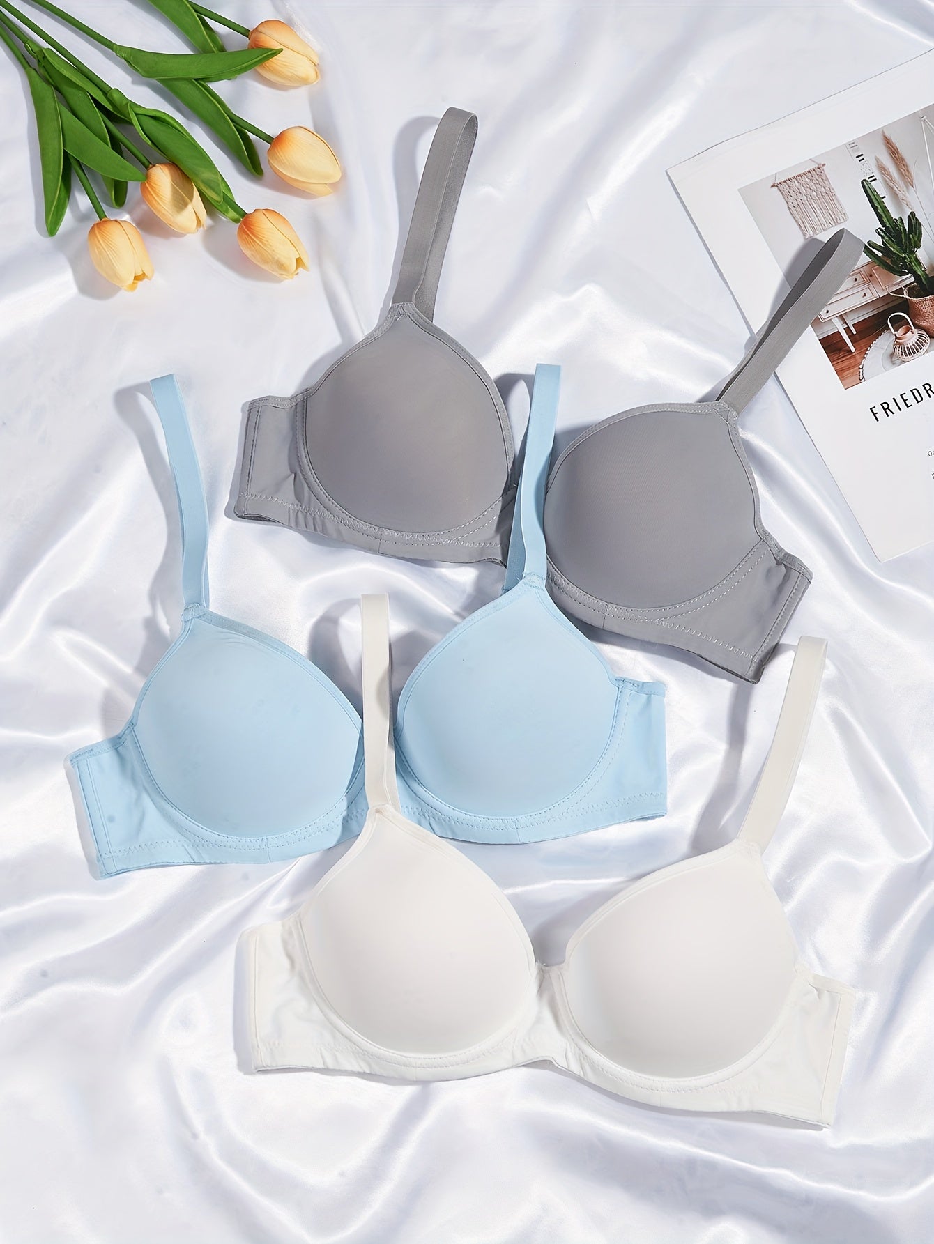 3 Simple Solid T-Shirt Bras, Comfortable Push Up Bra for Women's Lingerie & Underwear