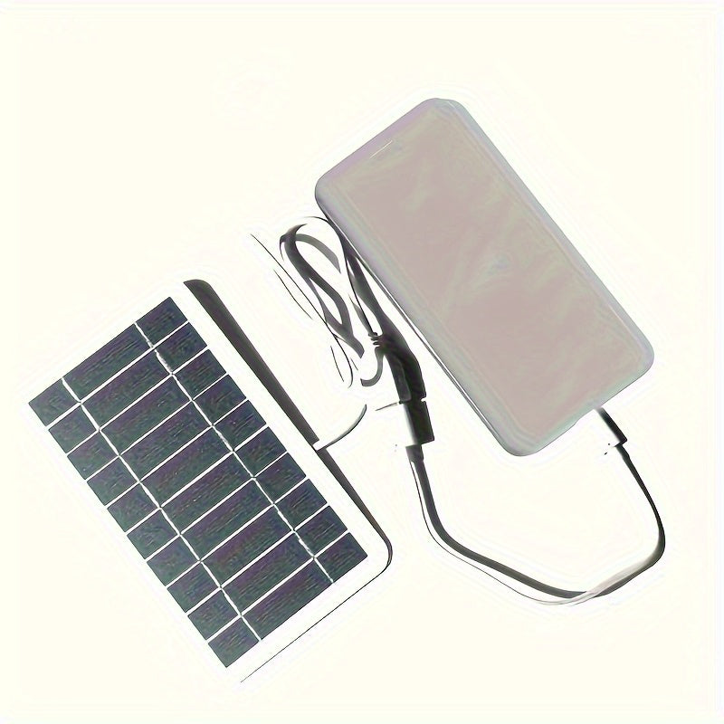 Solar USB charger for outdoor travel and camping, with mobile power, phone charging, flashlight, and fan capabilities.