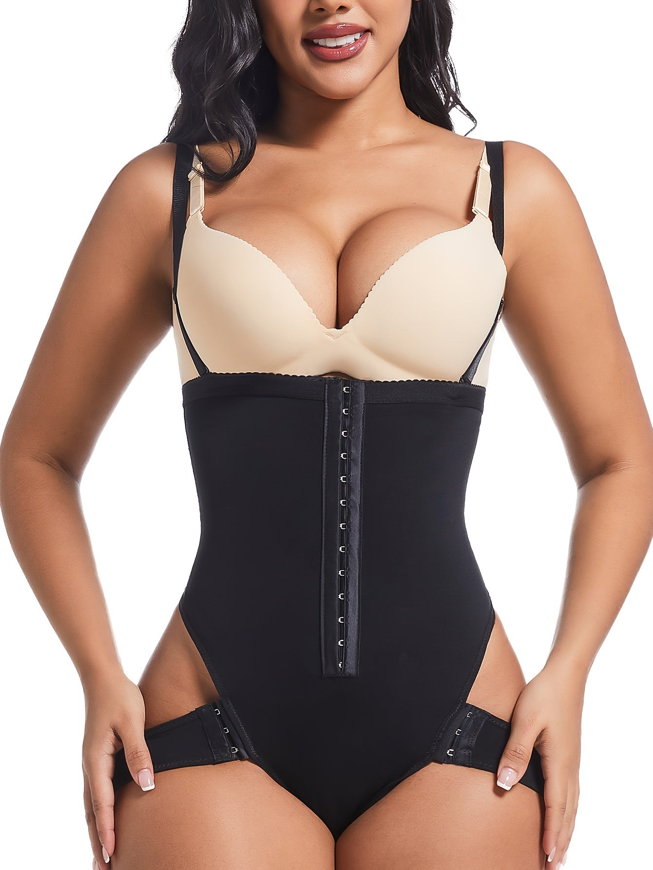 Women's High-Waist Shapewear Bodysuit in Black - Tummy Control with Front Hook-and-Eye Closure, Butt Lifter, Crotch Support - Nylon/Spandex Blend