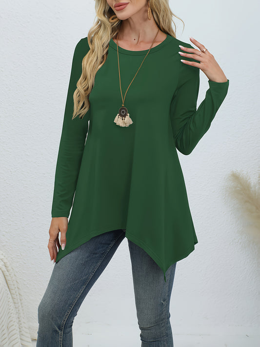 Comfortable lounge tops for women, including round neck long sleeve tunic with asymmetric hem.