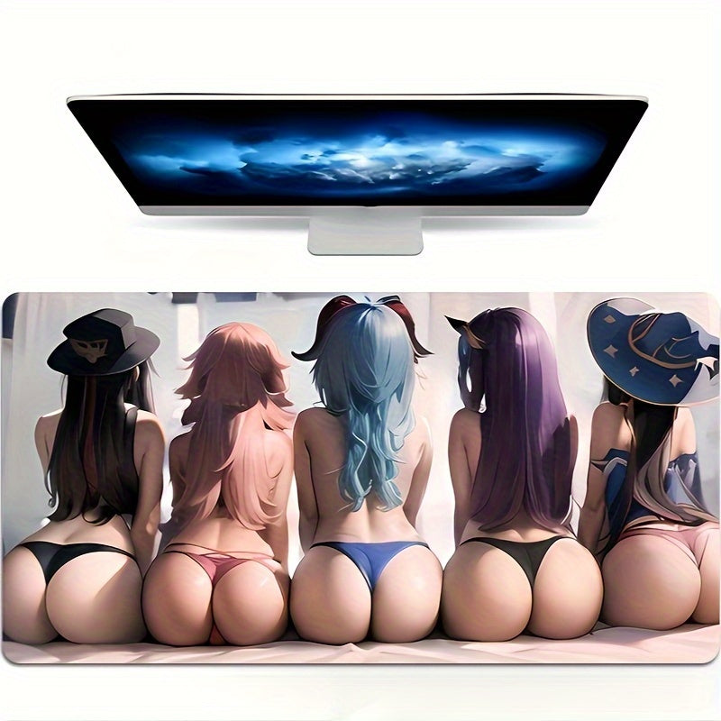 Large, thick, water-resistant anime girl silhouette gaming mouse pad with non-slip base and smooth surface for gamers and office use.