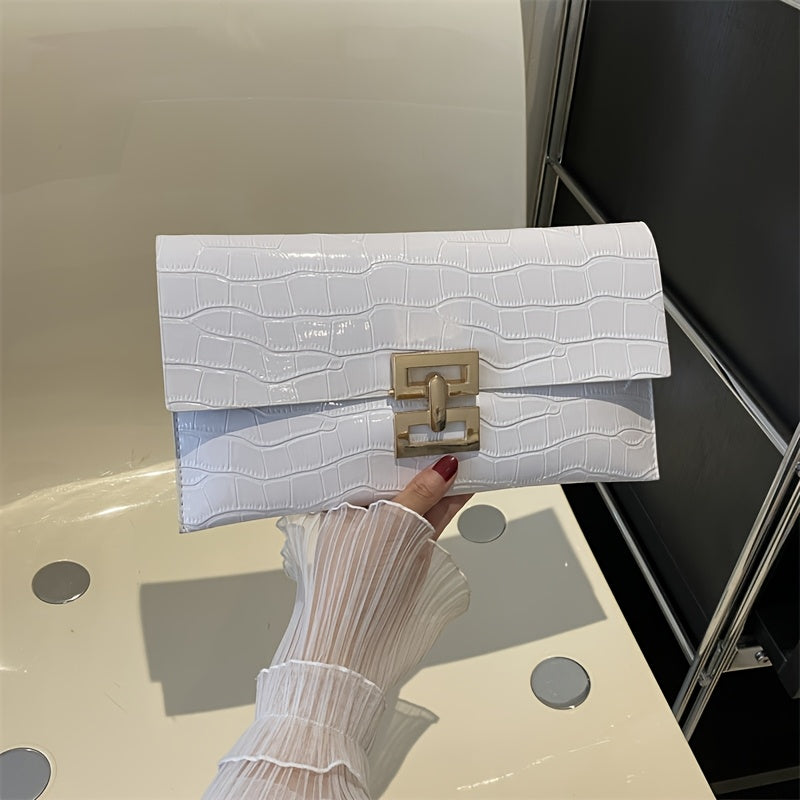 Stone textured clutch made of small synthetic leather, magnetic buckle closure, various colors.