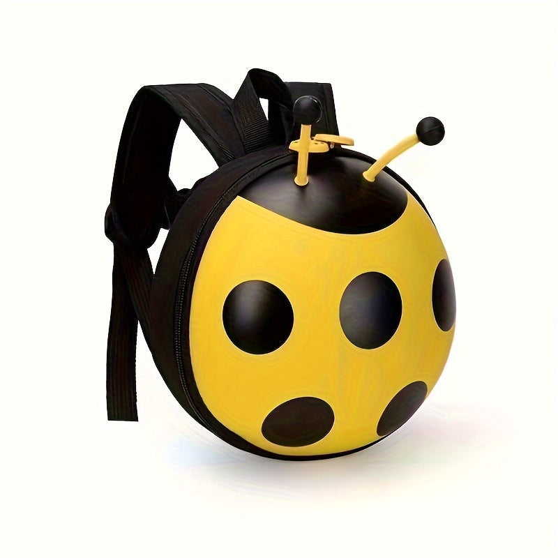 Durable, waterproof ladybug backpack for toddlers 1-3 years. Adjustable straps, stain-resistant, EVA material with yellow & black polka dot design. Perfect for boys & girls.