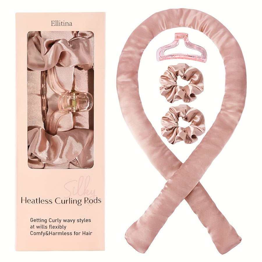 Ellitina 4-piece satin heatless hair curler set includes curling rod headband and hair loops. Perfect for creating effortless curls without heat, ideal for sleeping. Great gift for girls.