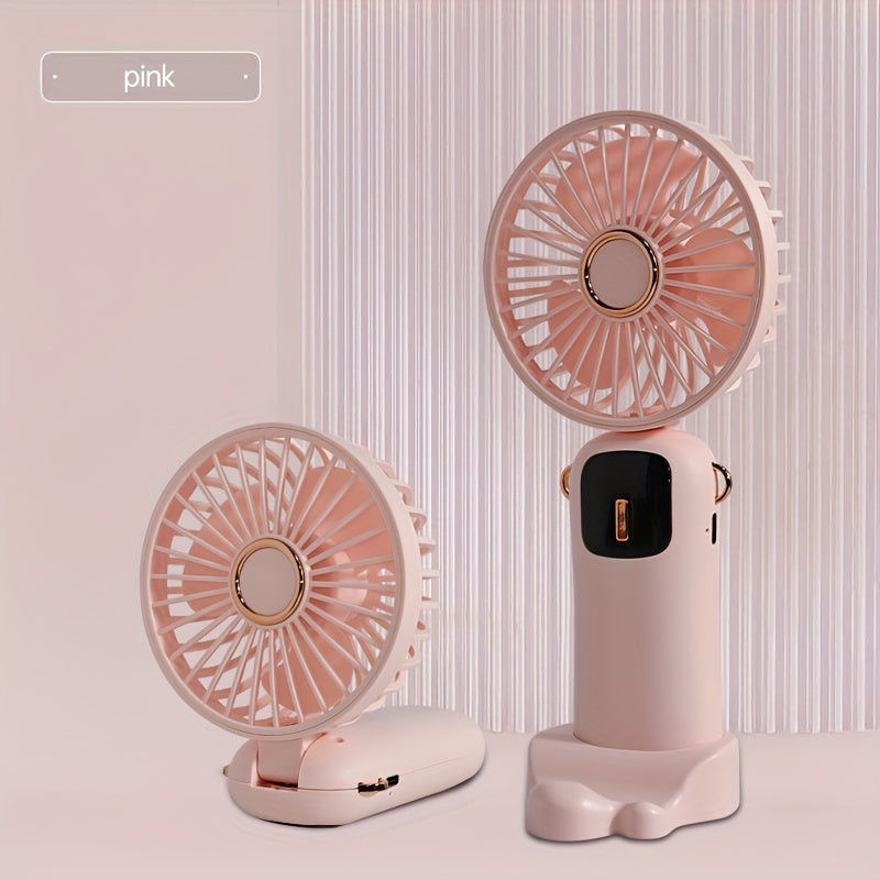 1 Piece of Portable Handheld Fan with LED Display, Foldable 90° Table Fan, 5 Speeds, Rechargeable Lithium Battery, USB Charging, Suitable for Indoor and Outdoor Use.