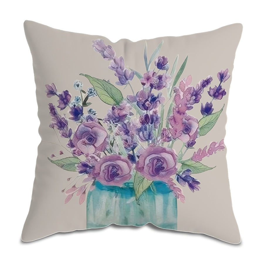 Purple Floral Pillow Cover measuring 44.98cm x 44.98cm. Features include a single-sided print, zip closure, and machine washable design. Ideal for adding a chic touch to your living room sofa or bedroom decor. Perfect for couch pillows.