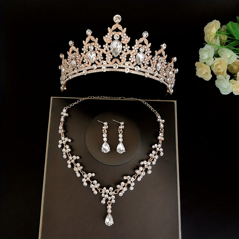 Crystal bridal tiara and crown earrings, necklace jewelry set for women and princess girls. Jeweled wedding tiara for brides, perfect for birthdays and cosplay. This set includes three pieces.