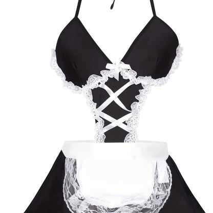 Sexy maid costume lingerie with halter necklace and lace trim.