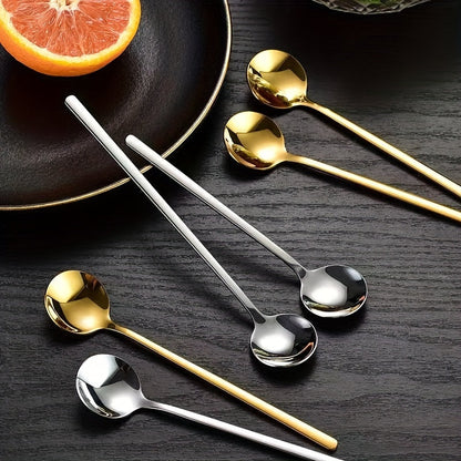 Set of 4 Stainless Steel Long-Handled Spoons - Ideal for Coffee, Milk, Ice Cream, and Honey - Beautiful Gold Finish, Small Round Design, Great for Mixing and Serving Cake