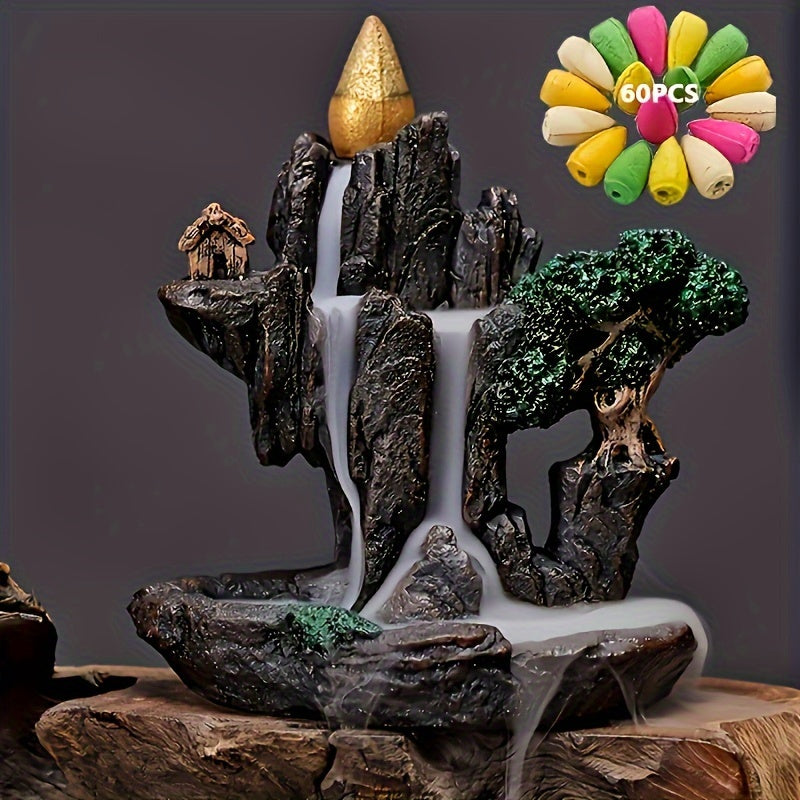 Waterfall backflow incense burner with 60 mixed scent cones for home, office, and work. Ideal for meditation and relaxation.