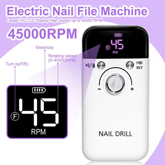 45000RPM Nail Polisher with Digital Display, Portable Wireless Gel and Nail Polish Polishing Machine for Manicure Salon.