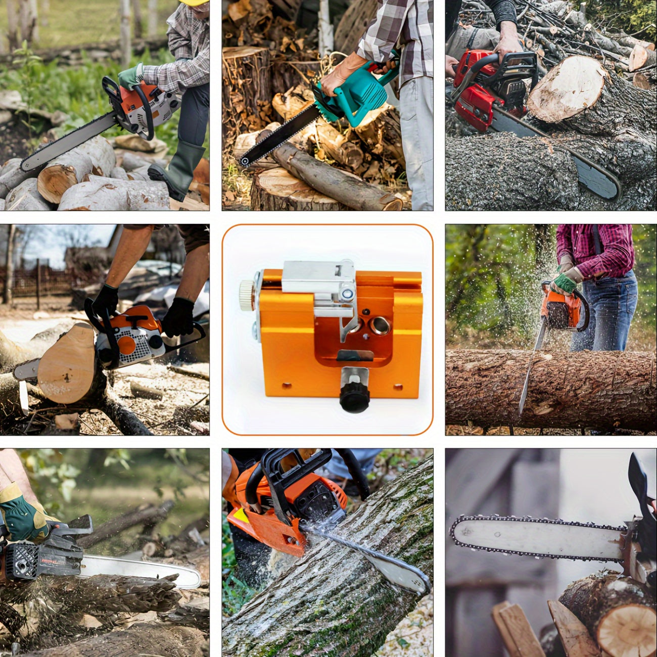 Portable chainsaw sharpener with 3 grinding stones, 2 nuts, and 1 wrench for manual sharpening in the field.