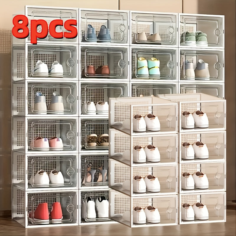 An assortment of clear plastic shoe containers in different dimensions, created for easy stacking and acting as multiple-tier shoe storage units that keep dust at bay. These adaptable shoe organizers are ideal for showcasing in homes and dorm rooms