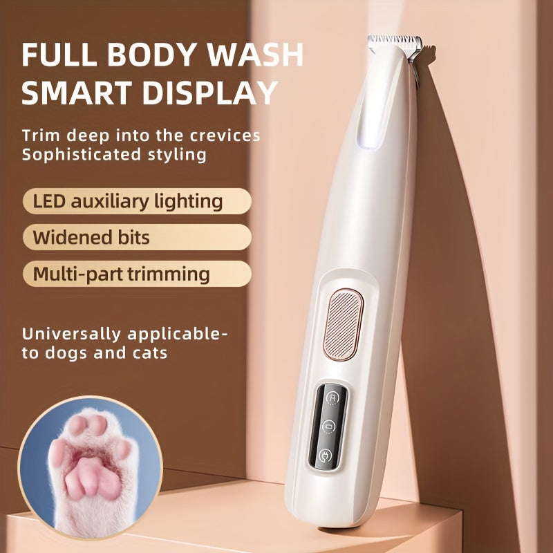 Cordless pet hair trimmer with LED lights, USB rechargeable, easy to use for dogs and cats, professional quality.