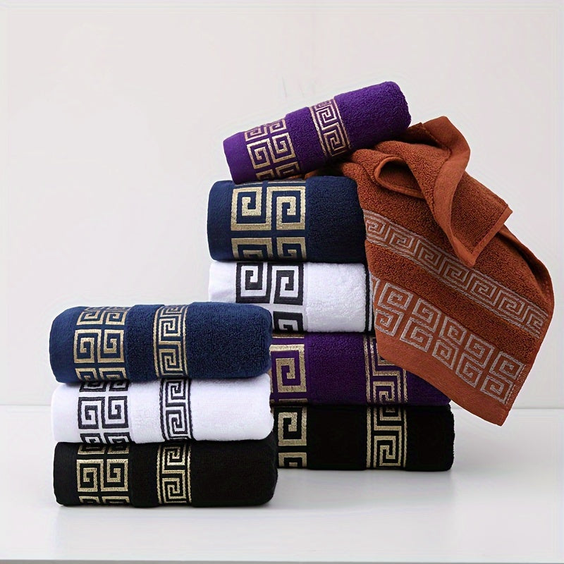 Highly absorbent 4-piece luxury bath towel set with geometric embroidery. Made from soft cotton, 400GSM. Perfect for use at home, in the kitchen, or while traveling. Ideal gift for family and friends. No shedding or fading.