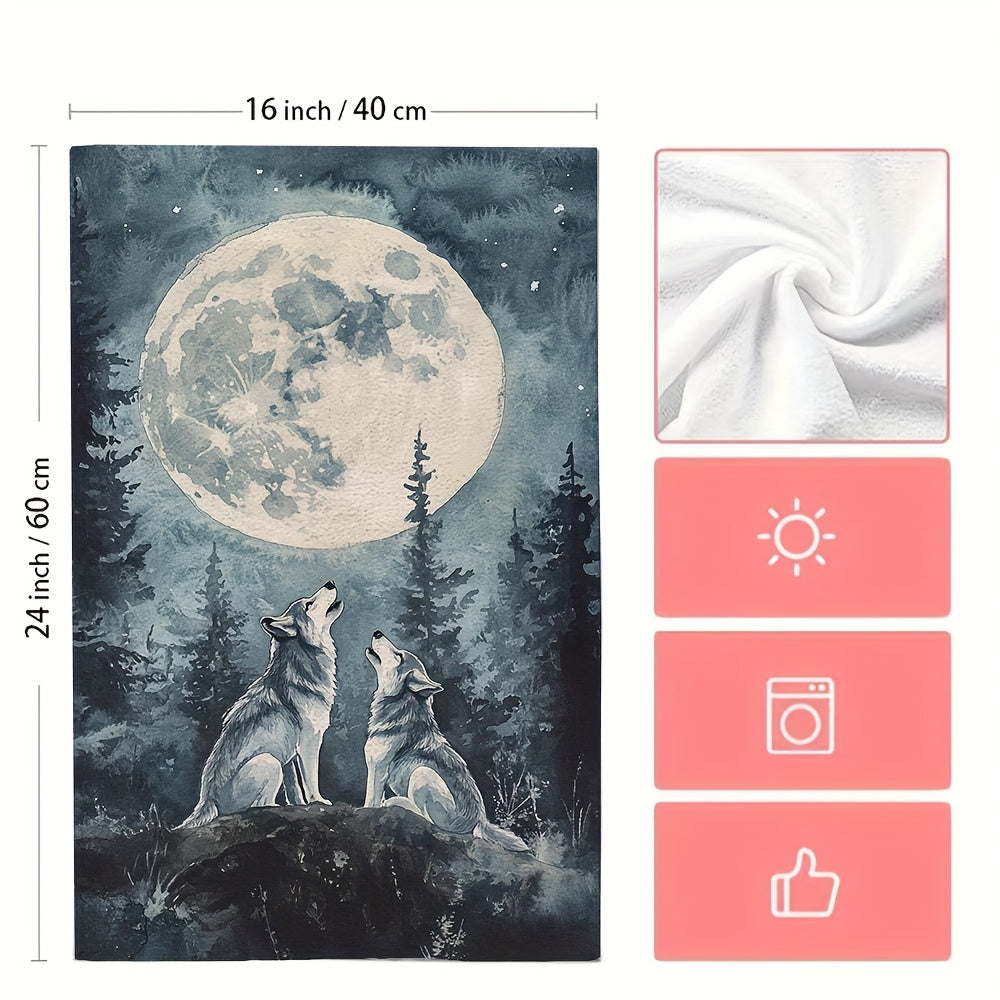 Add a touch of wilderness charm to your kitchen with these 2pcs Ultra Soft Kitchen Towels featuring a majestic wolves howling at a full moon night scene in watercolor style. These towels are highly absorbent and machine washable, measuring 40.64x60.96