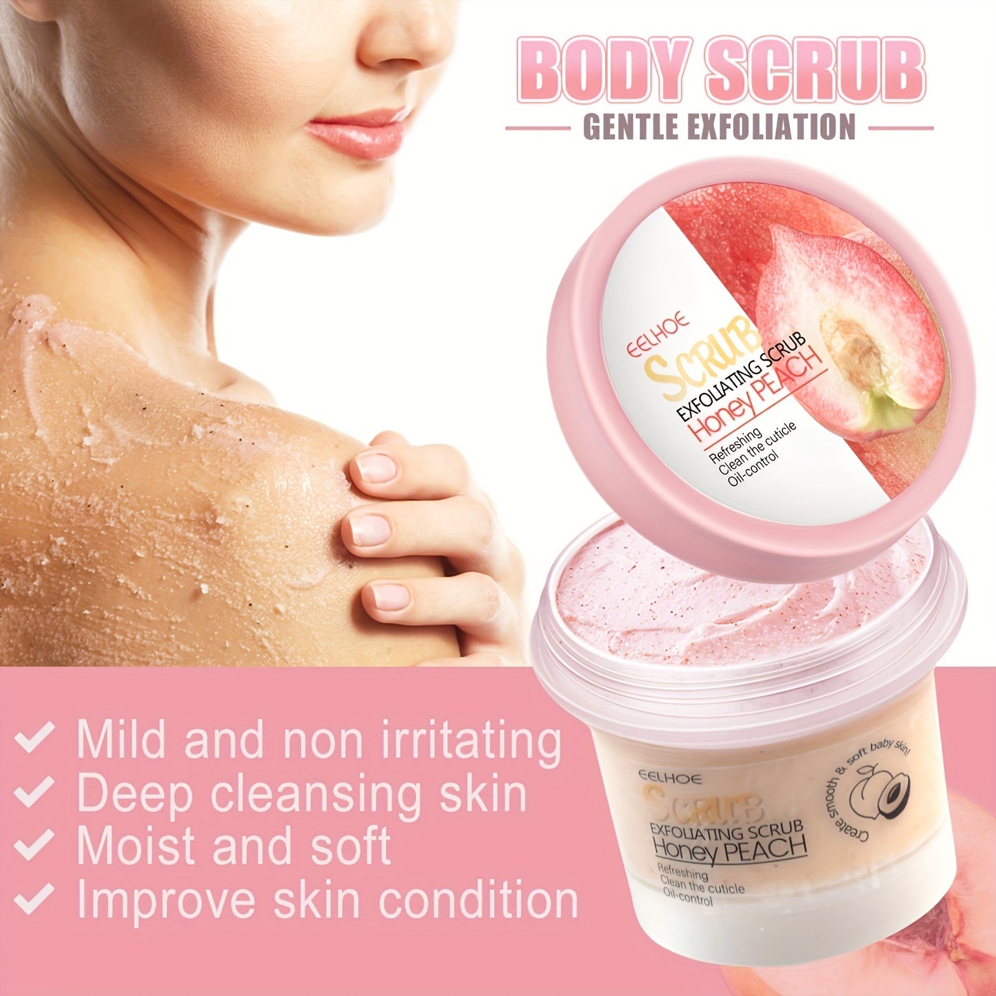 EEHOE Honey Peach Body Scrub Cream (3.53oz) - Deeply cleanses and exfoliates for soft skin. Suitable for all skin types. Contains glycerin.