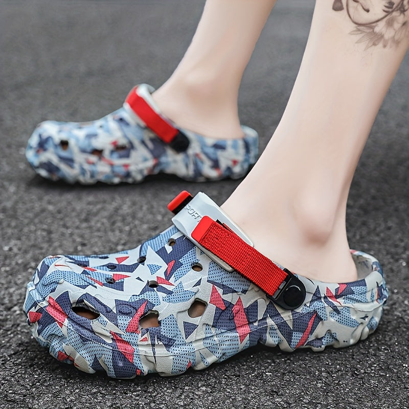 Trendy color block clogs for men with non-slip, durable design and anti-odor features, ideal for summer wear.