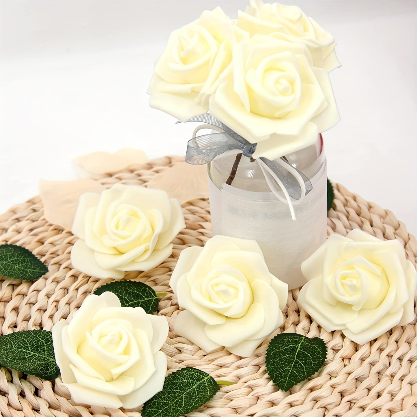 50pcs of 7.5cm Artificial Foam Rose Flower Heads in Ivory White for Wedding Party Home DIY decorations.