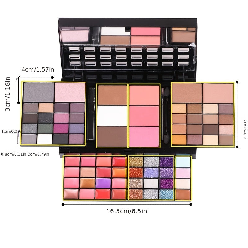 74-color makeup palette includes matte and pearl eye shadows, lip gloss, golden concealer, blush, bronze highlight.